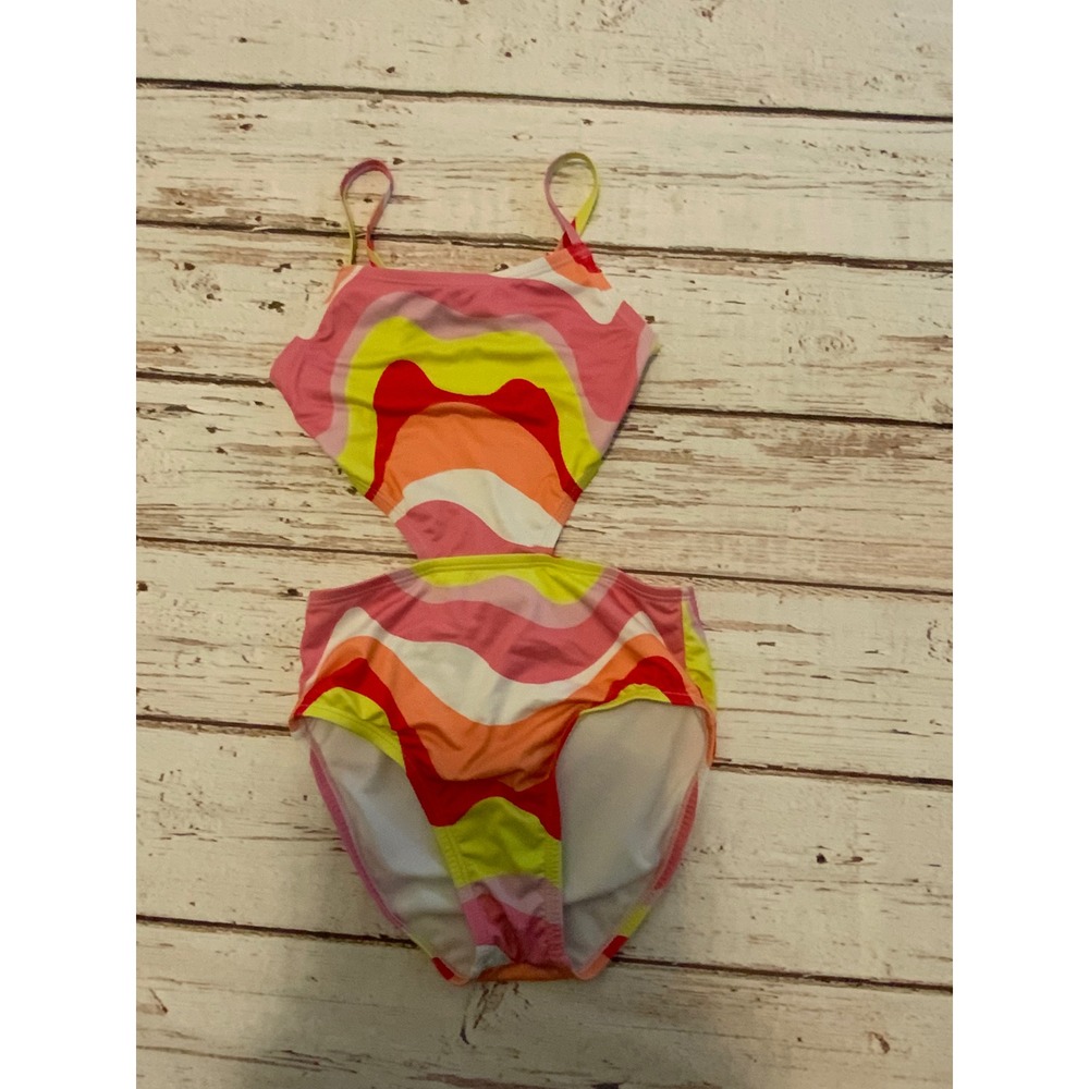 Ocean Pacific Girls Pink Orange Psychedelic Wave Cutout Monokini Swimsuit Size 8